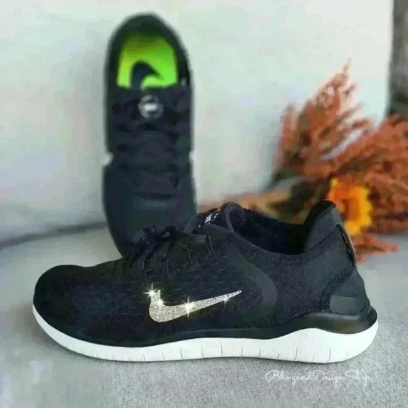 Nike Free RN 2018 Black Sneakers Customized with Crystal Rhinestones - Picture 2 of 8